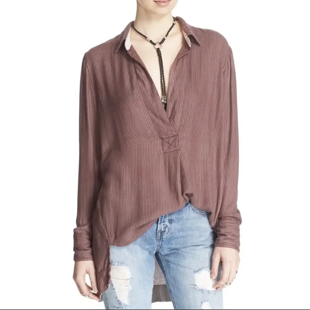 Free People On The Road Flowing Striped Collared Longline Popover Tunic Blouse